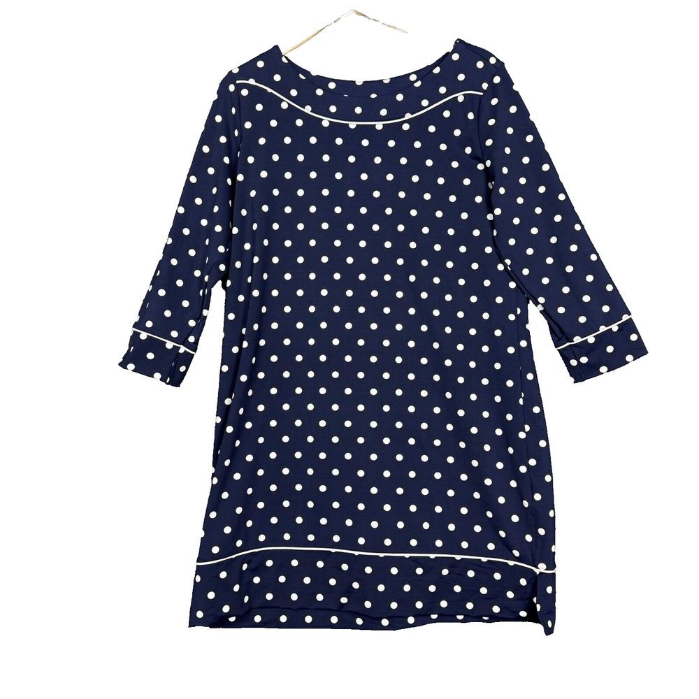Lands End Dress Womens Large 14-16 Navy Blue Polka‎ Dot Long Sleeve Nylon Blend